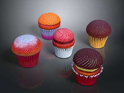 Assorted Colorful Cupcakes With Vibrant Frosting And Decorative Toppings On 3d model