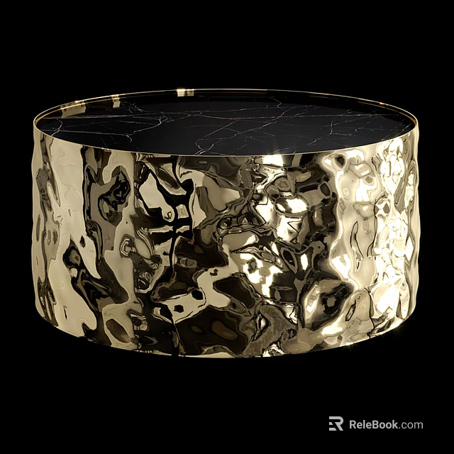 Modern Round Coffee Table With Black Marble Top And Gold Hammered Base 3d model 