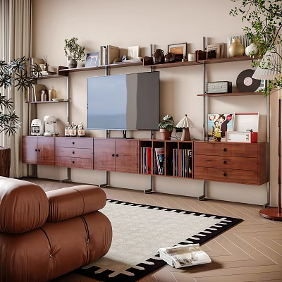 Modern Wooden TV Stand With Drawers TV Books Decorations And Plants 3d model