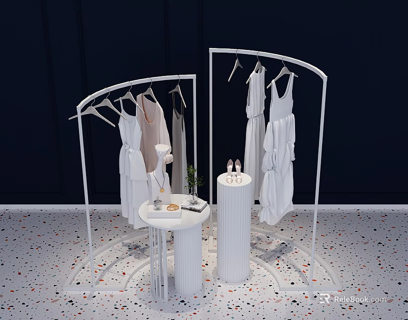 White Display Racks Hanging White Dresses With Round Table Cylindrical Stand Dark Background Pebble Floor 3d model 