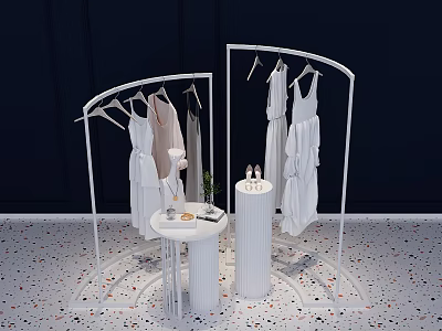 White Display Racks Hanging White Dresses With Round Table Cylindrical Stand Dark Background Pebble Floor 3d model