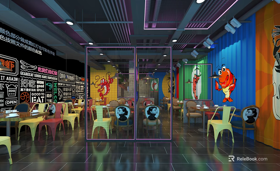 Colorful Hotpot Restaurant Interior Design With Lobster Murals Colorful Seats And Decorative Lighting 3d model 