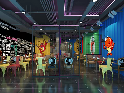 Colorful Hotpot Restaurant Interior Design With Lobster Murals Colorful Seats And Decorative Lighting 3d model