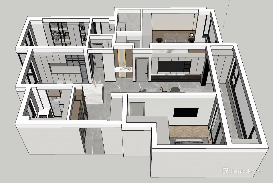 Bird's Eye View Modern Interior Floor Plan With Kitchen Living Room And Bedroom Layout 3d model 