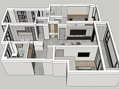 Bird's Eye View Modern Interior Floor Plan With Kitchen Living Room And Bedroom Layout 3d model