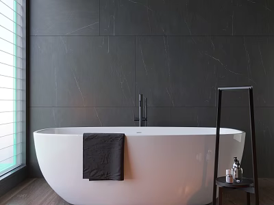 White Freestanding Bathtub With Dark Gray Marble Wall Black Shelf And Wooden Floor 3d model