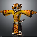 Cartoon Tiger Character In Traditional Yellow Outfit With Lotus Pattern Wide Sleeves And Open Arms