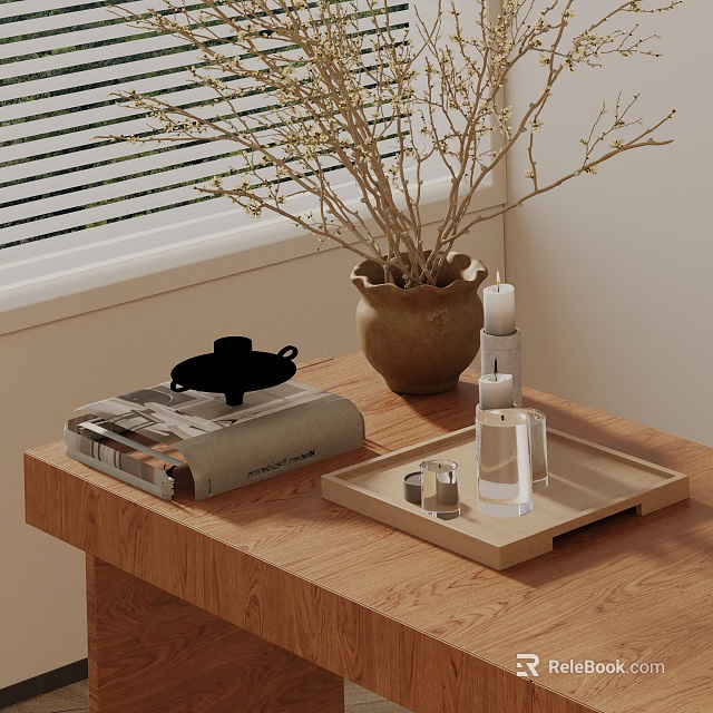 Stylish Decorative Ornament Set with Tray Magazine Ceramic Vase and Dried Branches on Wooden Table 3d model 