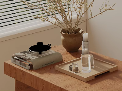 Stylish Decorative Ornament Set with Tray Magazine Ceramic Vase and Dried Branches on Wooden Table 3d model