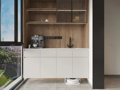 Modern Home Balcony Featuring Wooden Shelves White Cabinets Coffee Machine Outdoor View And Robot Vacuum 3d model