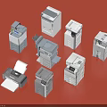 White Gray Office Appliances Including Printers Copiers with Various Models and Sizes on Red Background