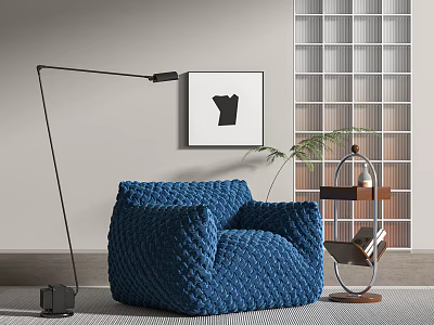 Cozy Blue Knitted Single Sofa with Floor Lamp Wall Art and Plant in Modern Room 3d model