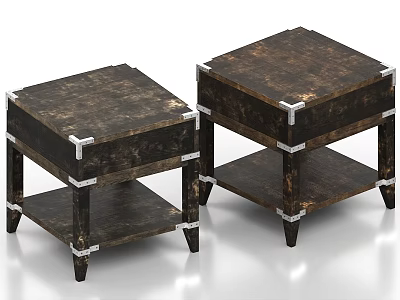 Two Square Dark Wooden Coffee Tables With Metal Accents And Lower Shelves 3d model