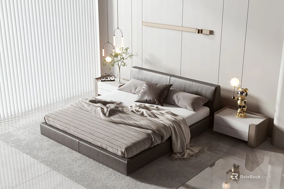 Modern Minimalist Double Bed With Leather Headboard Gray Bedding And Nightstand Lamp 3d model 