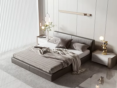 Modern Minimalist Double Bed With Leather Headboard Gray Bedding And Nightstand Lamp 3d model
