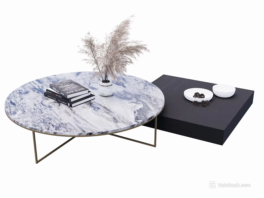 Marble Round Coffee Table With Books And Potted Plant 3d model 