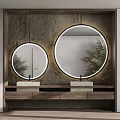 Wooden Vanity with Two Round Mirrors with Light Strips and Marble Countertop on Textured Wall