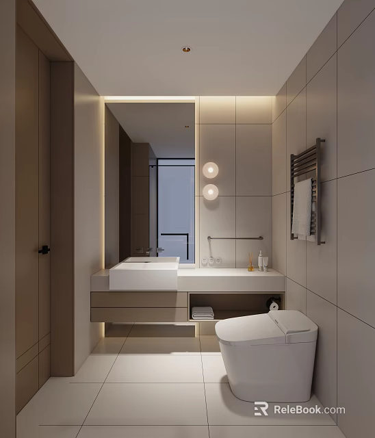 Modern Hotel Bathroom With Gray Tiled Walls White Vanity Round Lights And Mirror 3d model 