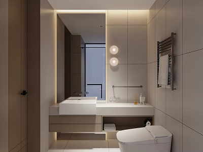 Modern Hotel Bathroom With Gray Tiled Walls White Vanity Round Lights And Mirror 3d model