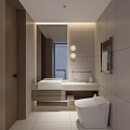 Modern Hotel Bathroom With Gray Tiled Walls White Vanity Round Lights And Mirror