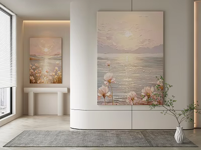 Modern Interior Decor Featuring Sunset Seascape Painting Floral Artwork White Console Table And Decorative Vase 3d model