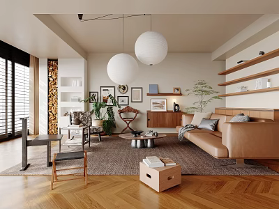 Modern Living Room Interior With Brown Sofa Pendant Lights Framed Artworks And Wooden Flooring 3d model