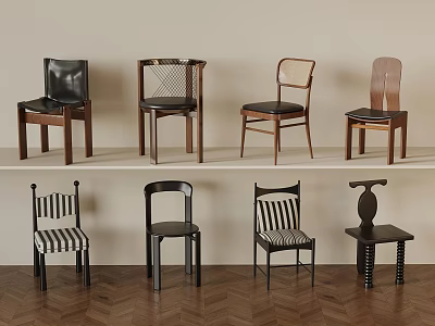 Various Stylish Chairs With Different Designs Displayed On Shelves And Wooden Floor 3d model