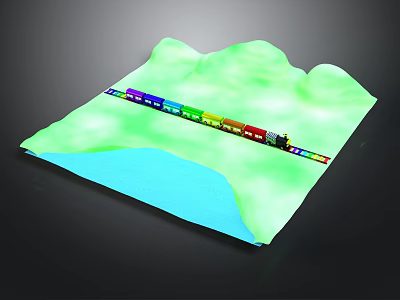 Colorful Train on Track in Green Mountain Terrain with Blue Water Area 3d model