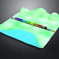 Colorful Train on Track in Green Mountain Terrain with Blue Water Area