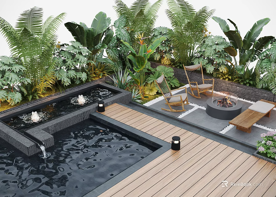Courtyard Garden Design With Water Pool Lush Plants Fire Pit And Wooden Deck Area 3d model 