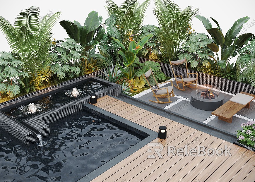 Courtyard Landscape Outdoor Sofa Flower Pool Landscape Plants Outdoor Lighting Waterscape model