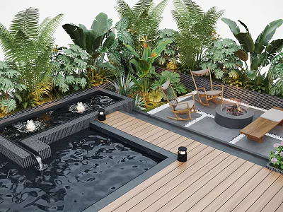 Courtyard Garden Design With Water Pool Lush Plants Fire Pit And Wooden Deck Area 3d model