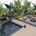 Courtyard Garden Design With Water Pool Lush Plants Fire Pit And Wooden Deck Area