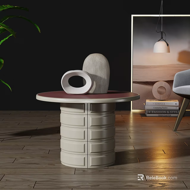 Modern Round Side Table With Red Marble Top And White Layered Base 3d model