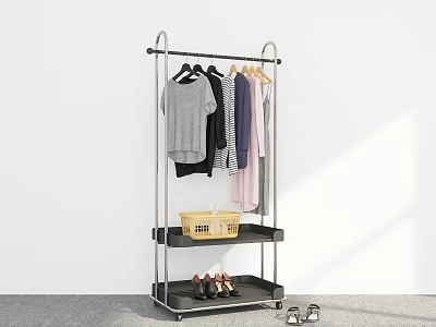 Clothes Hanger With Hanging Clothes Yellow Basket Black Shoes And Sandals On Lower Shelves 3d model