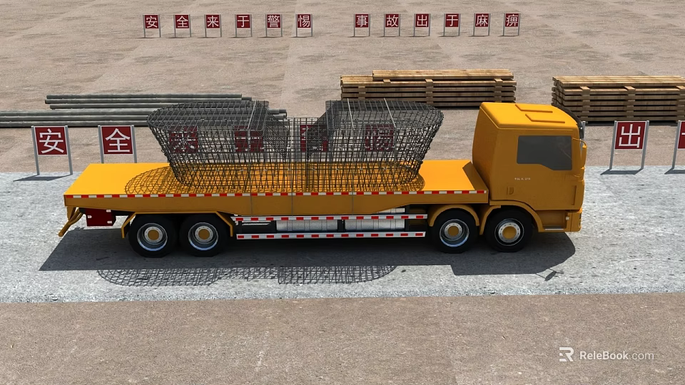 Yellow Utility Flatbed Truck Carrying Metal Cages And Stacked Goods 3d model 