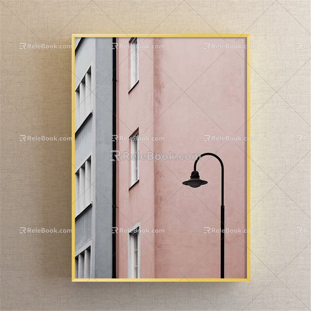 Modern Architectural Painting Simple Red Bedroom Building Street Light Decoration Painting 3d model