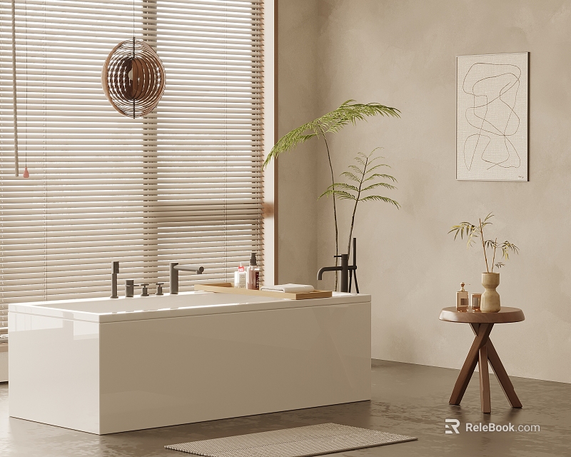 White Bathtub Interior With Window Blinds Palm Plant Abstract Painting And Wooden Table Decor 3d model 