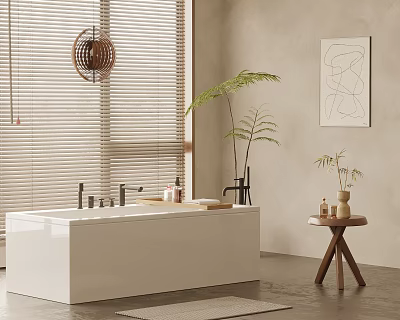 White Bathtub Interior With Window Blinds Palm Plant Abstract Painting And Wooden Table Decor 3d model
