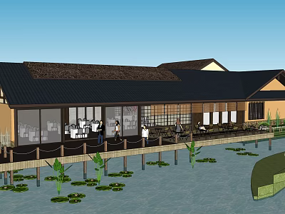 Traditional Style Commercial Complex With Black Roof Large Glass Windows And Water Pond Lotus Leaves 3d model