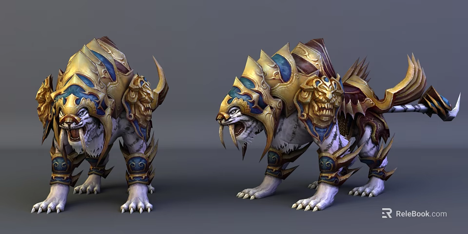 Mythical Armored Guardian Beasts with Gold Blue Armor and Fierce Expressions 3d model 