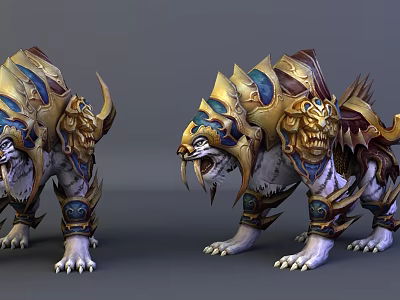 Mythical Armored Guardian Beasts with Gold Blue Armor and Fierce Expressions 3d model