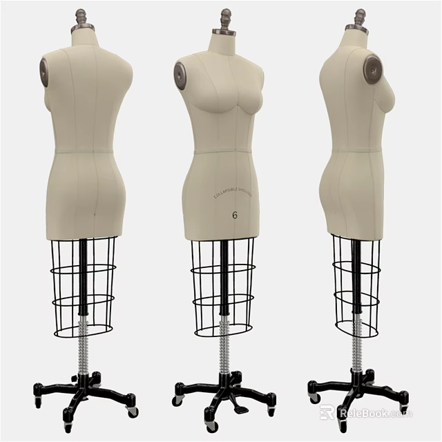 Beige Dress Form Wall Decor With Black Metal Wireframe Stands And Wheels 3d model 