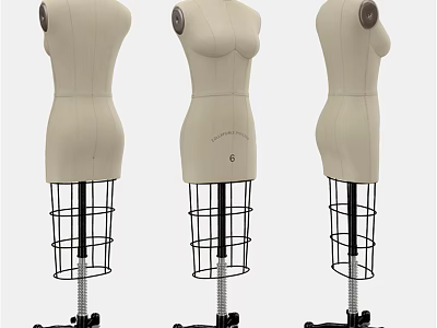 Beige Dress Form Wall Decor With Black Metal Wireframe Stands And Wheels 3d model