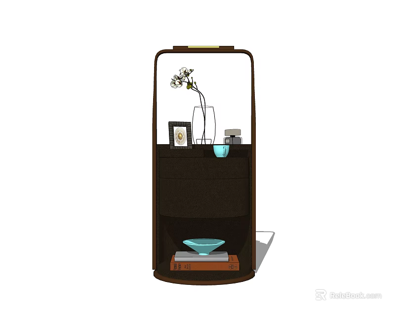 Brown Bedside Table with Shelves Vase Flowers Photo Frame Light Blue Bowl and Books 3d model 