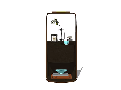 Brown Bedside Table with Shelves Vase Flowers Photo Frame Light Blue Bowl and Books 3d model
