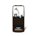 Brown Bedside Table with Shelves Vase Flowers Photo Frame Light Blue Bowl and Books