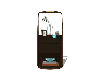 Brown Bedside Table with Shelves Vase Flowers Photo Frame Light Blue Bowl and Books 3d model
