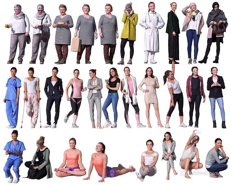 Diverse Group of People in Various Poses Standing Sitting and Different Activities 3d model 