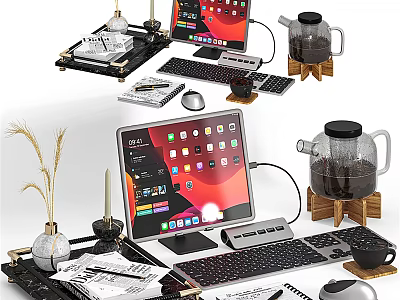 Sleek Modern Laptop Workstation Setup With Keyboard Mouse And Desk Accessories 3d model